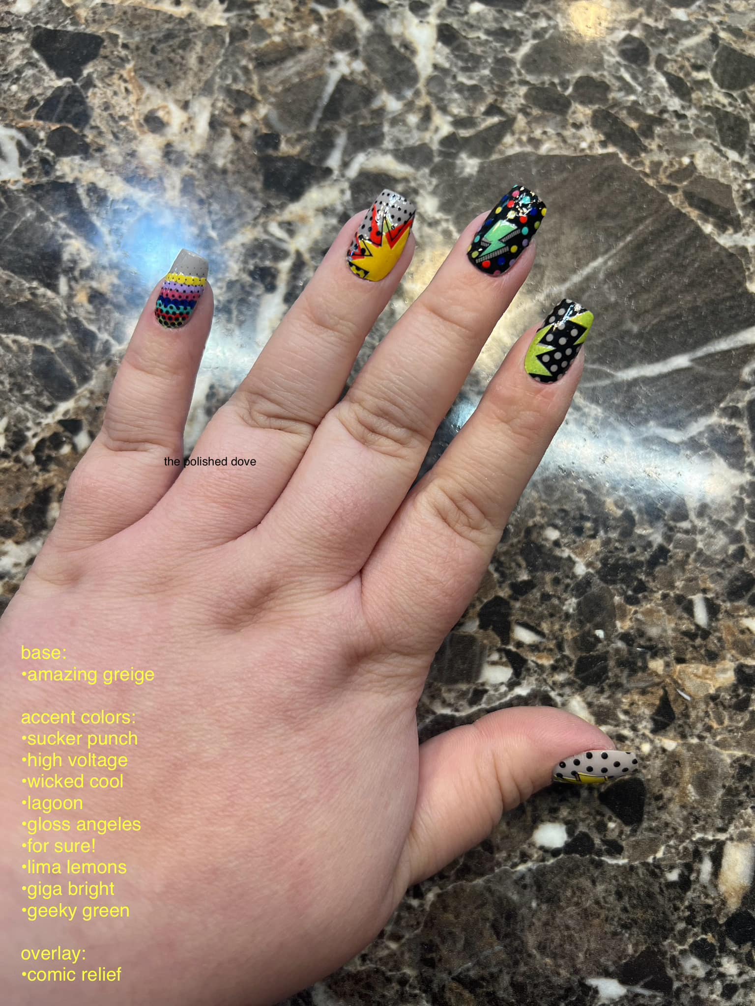 💥⚡️comic book nails ⚡️💥 base: •amazing greige accent colors