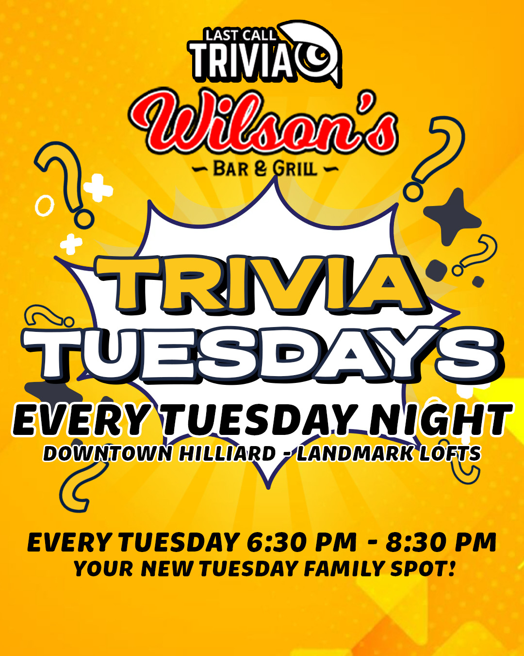 Wilson's - Trivia starts tonight at 6:30 PM and the tables fill up fast ...