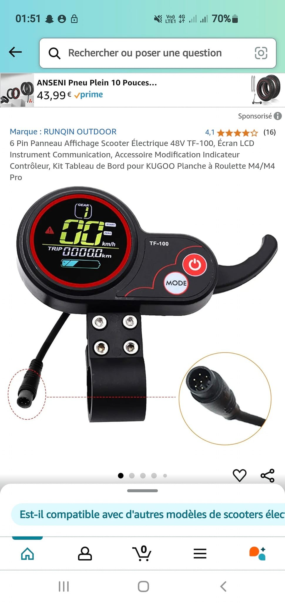 Écran TF‑100 Instrument De Communication à 6 Broches Avec écran 48V TF Pour Controleur De Trottinette Electrique