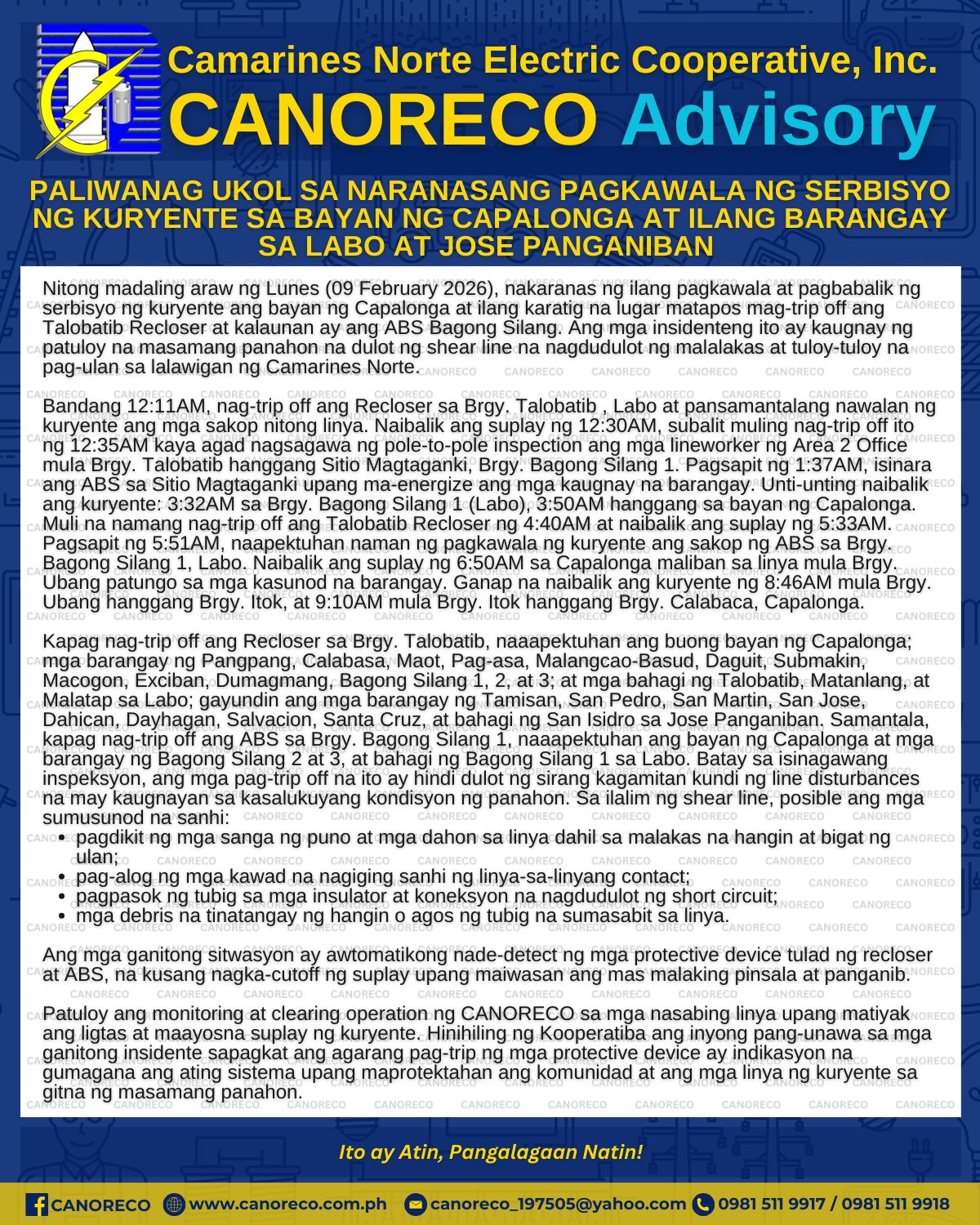 CANORECO - CANORECO Advisory: Paliwanag Ukol sa Naranasang Pagkawala ng ...