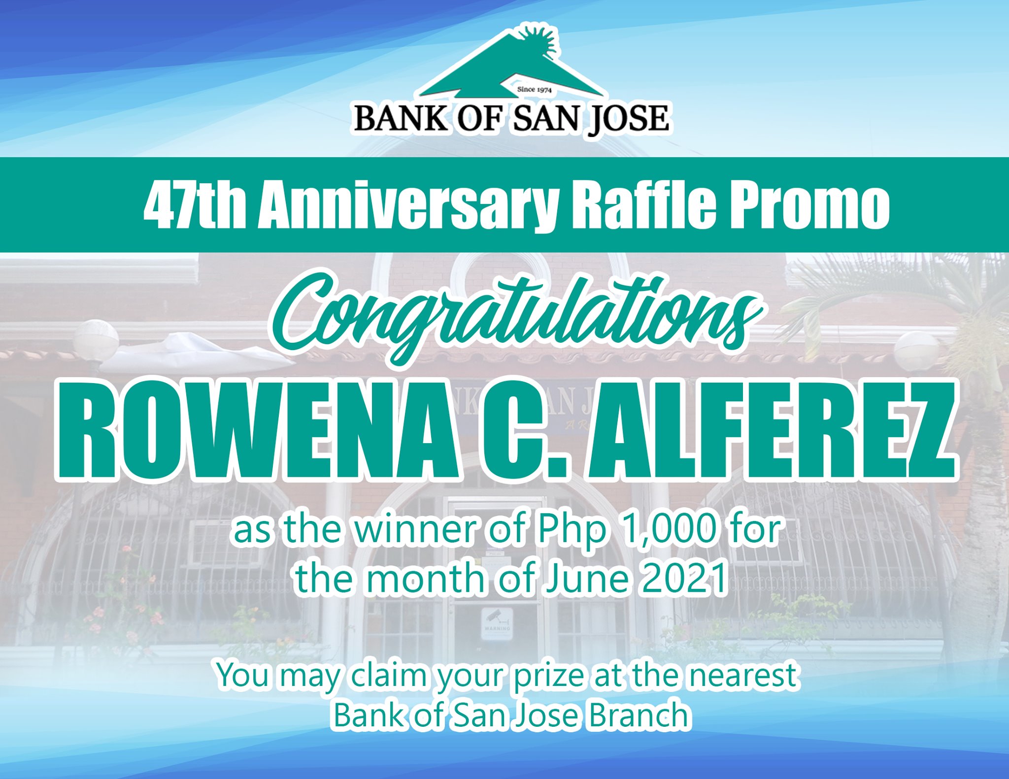 Banco San Jose - Congratulations to our Monthly Raffle... | Facebook