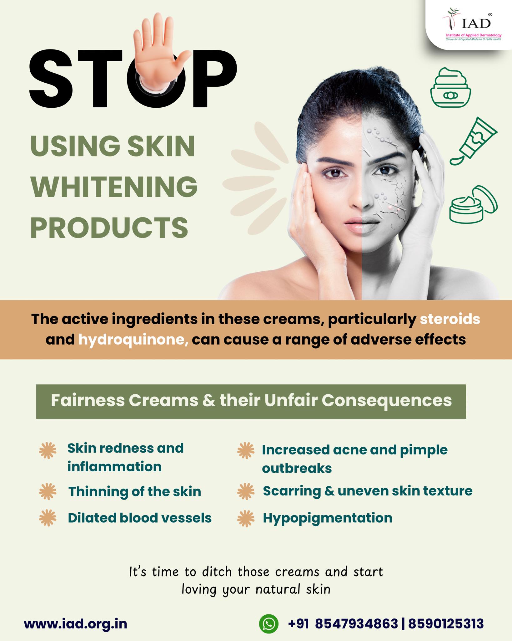 Skin lightening products often contain steroids or hydroquinone and promise a fairer complexion. However, extended use can result in serious skin damage. It's time to ditch those creams and start loving your