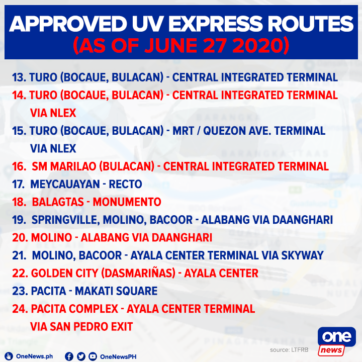 ONE News - Here are the 47 UV Express routes approved by...