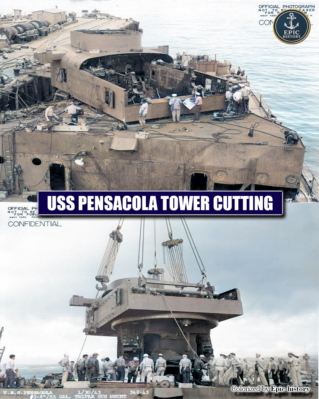 Epic - The damaged gun turrets of USS Pensacola (CA-24) were cut down ...