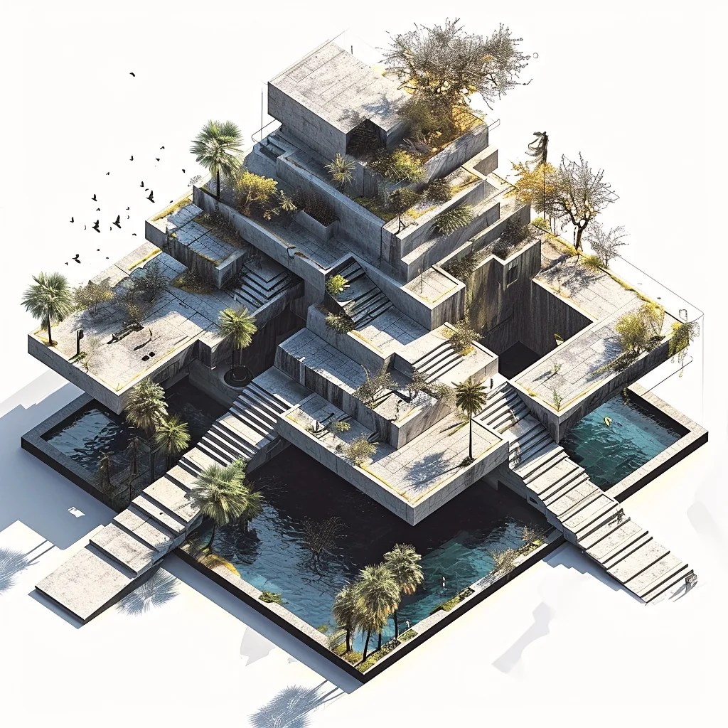 Curated visual reference: Visual Reference: Rend3D Morphology Form Ziggurat Operation Nested Program Plaza