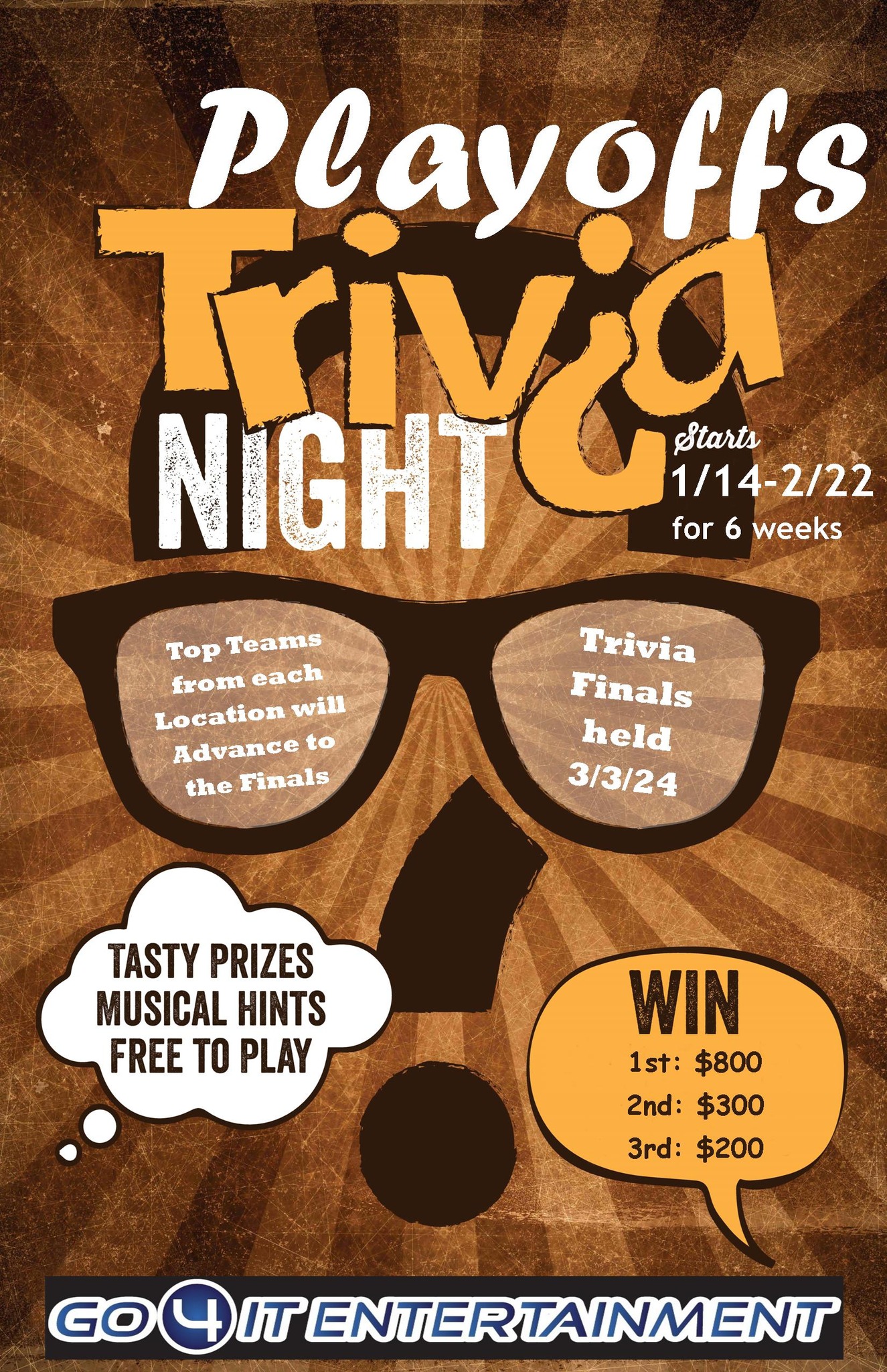 🧠💰 2024 WINTER Trivia Playoffs! 🧐🍺... - Go 4 It Entertainment | Facebook