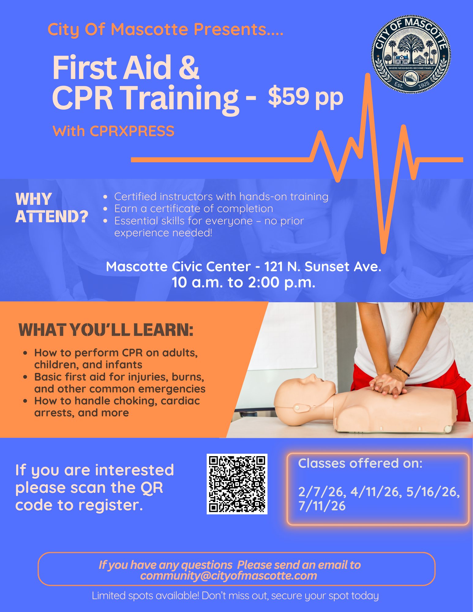 City - First Aid & CPR Training February 7, 2026. Cost is $59.00 per ...