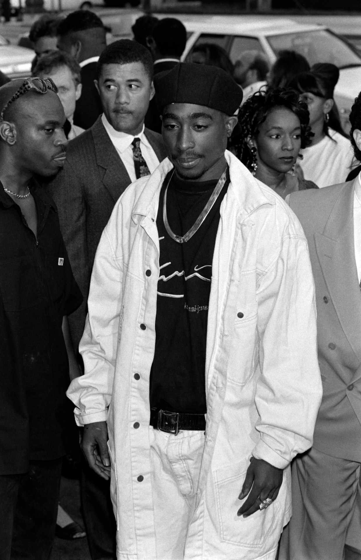 Tupac ..White Karl Kani Jean Jacket Over Black Karl Kani T-shirt