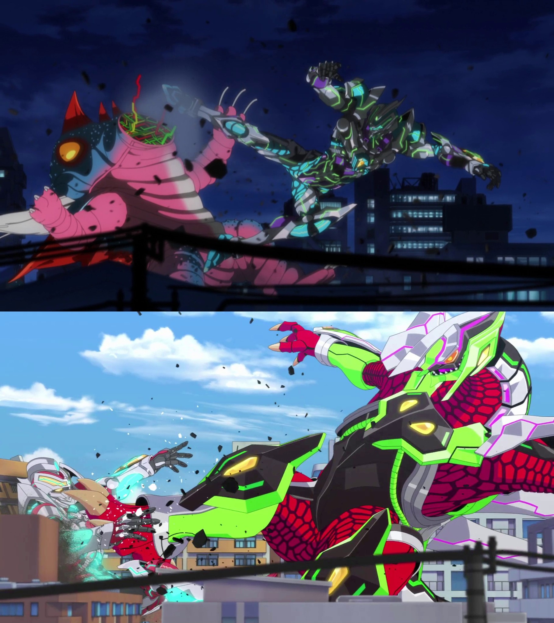 Gridman kicks a kaiju (SSSS.Gridman 2018) A kaiju kicks Gridman