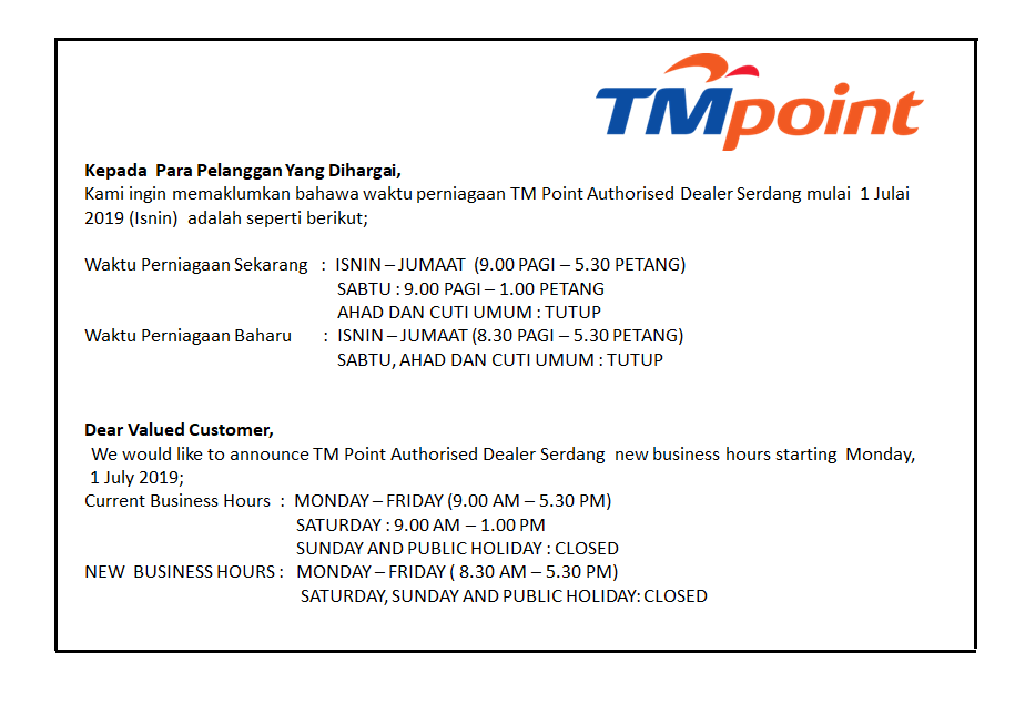 TMPoint - Assalamualaikum dan selamat pagi.. Pelanggan yang dihormati ...