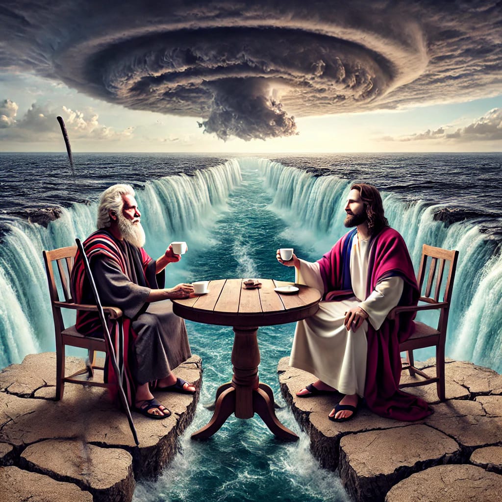 A surreal scene of Moses and Jesus having coffee in the middle of