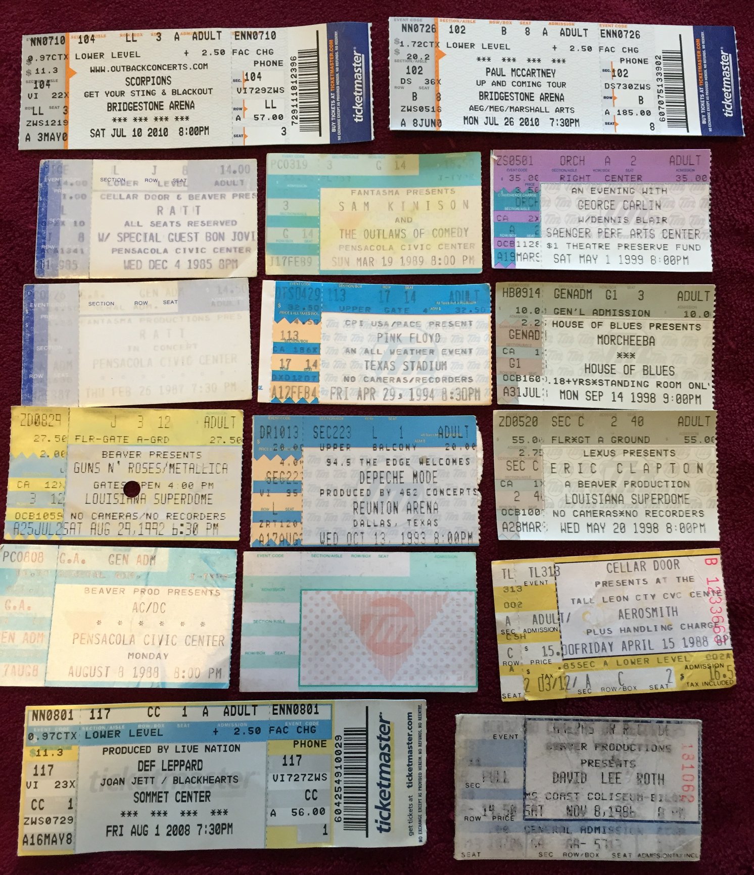 Collection of Concert Ticket Stubs from Various Artists and Bands display picture 1