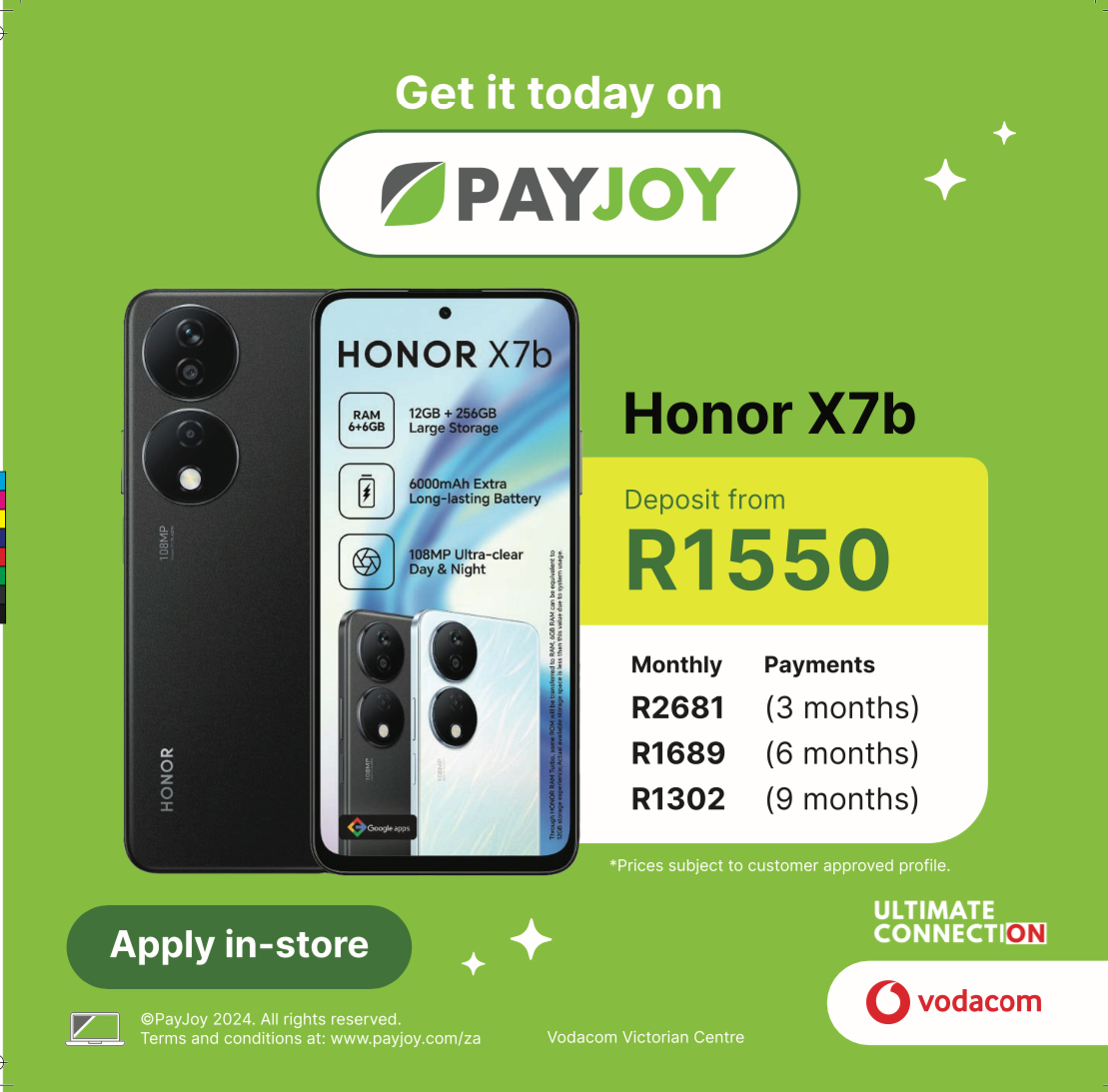 Get the latest devices from Vodacom Heidelberg / Nigel with PayJoy! Don't miss out! Hurry and get yourself connected! #PAYJOY #smartphones #affordable #GreatOffer