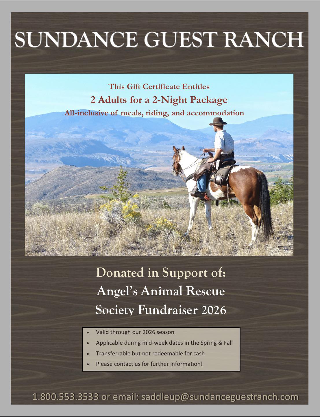 Angel's - SUNDANCE GUEST RANCH RAFFLE! Get your tickets now, winner ...