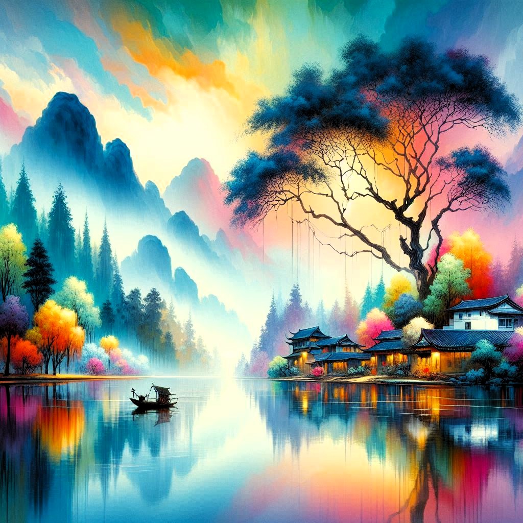 山水風景 Modern chinese landscape painting with vivid colors