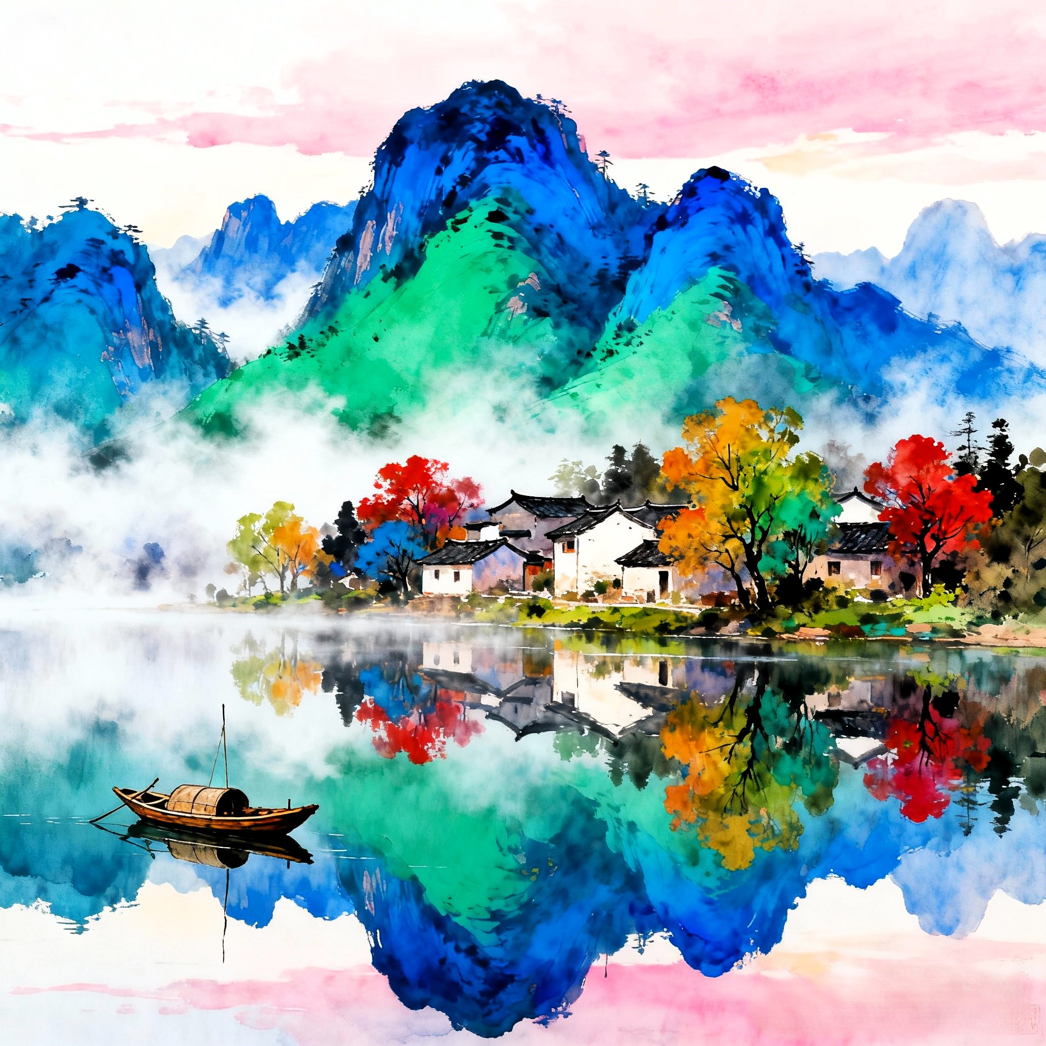Modern chinese landscape painting with vivid colors