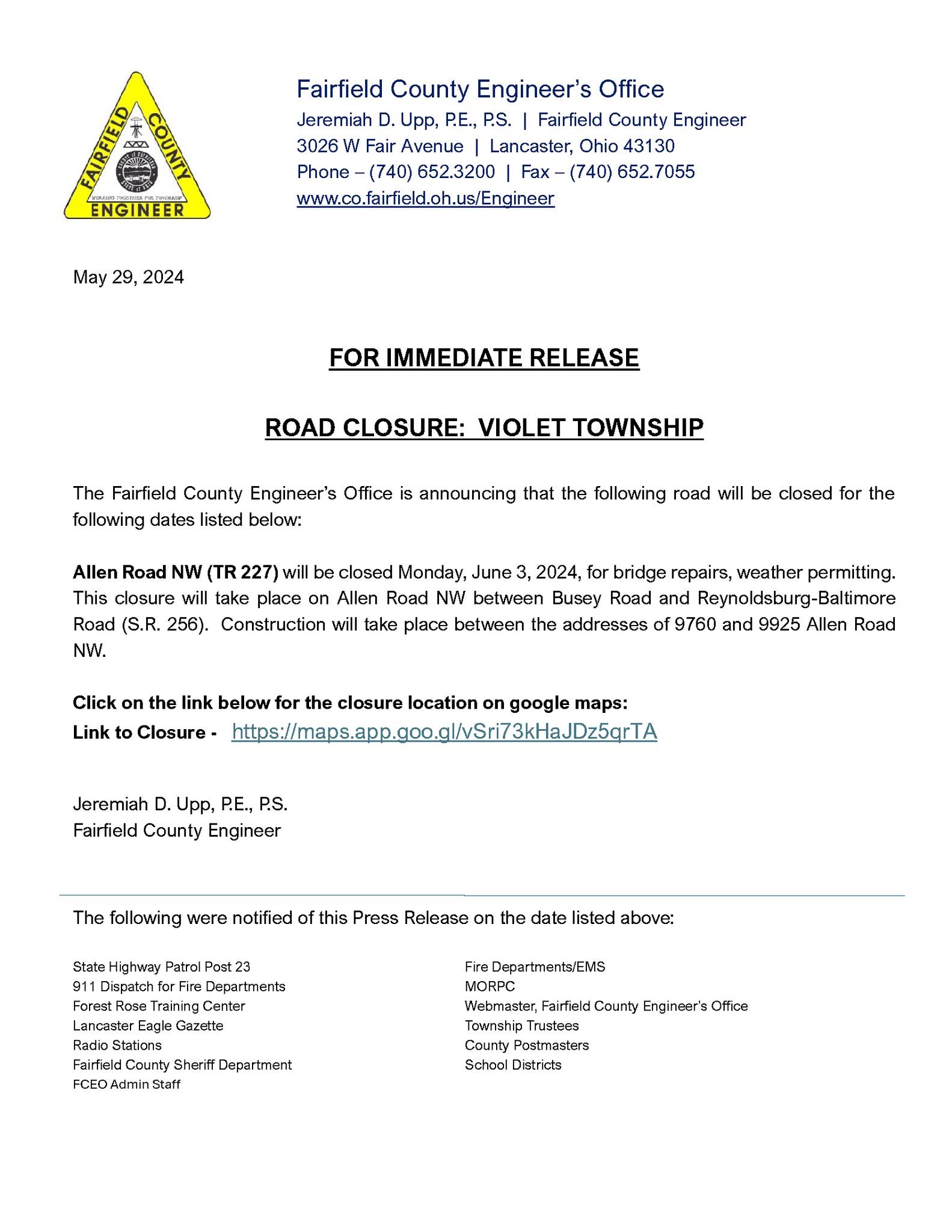 Violet - FOR IMMEDIATE RELEASE ROAD CLOSURE: VIOLET TOWNSHIP The ...