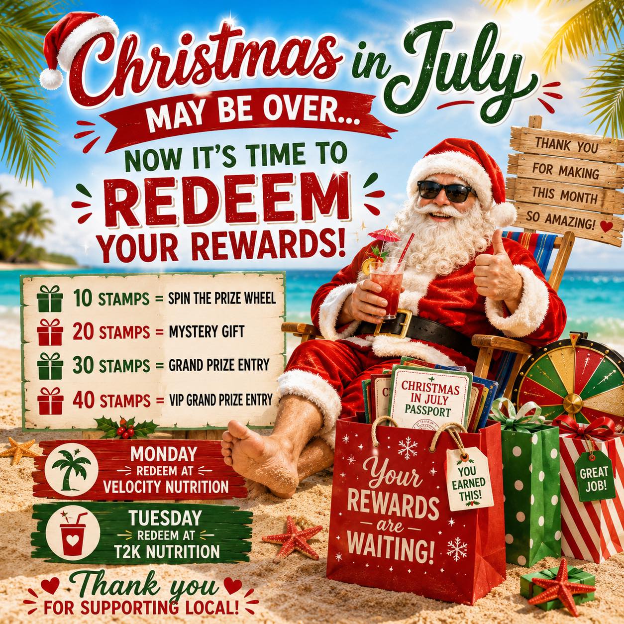 Redeem Christmas in July rewards at Velocity Nutrition and T2K