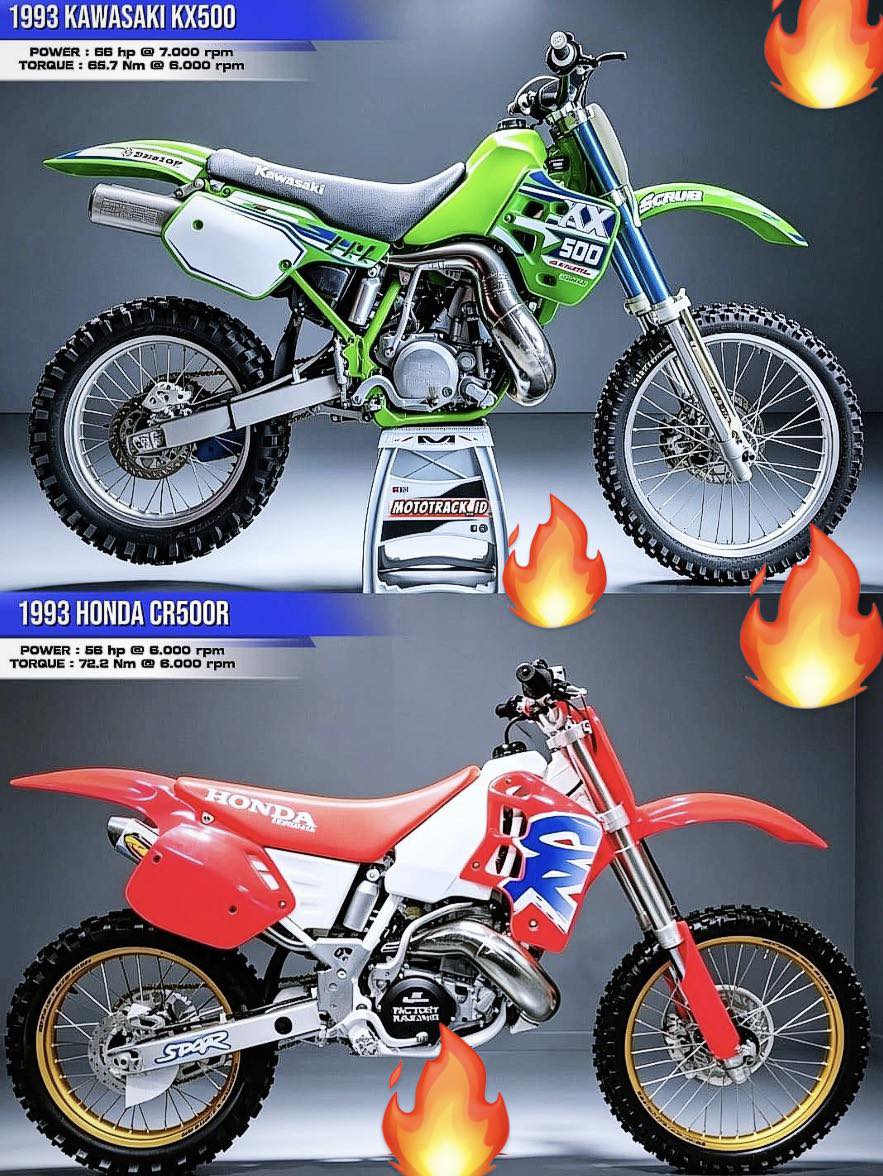The 1993 Kawasaki KX500 and the 1993 Honda CR500R aretwo of the