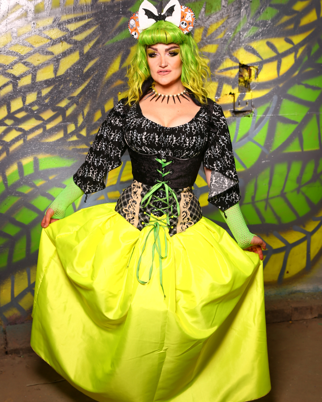 dark green and yellow combination dress Outfit with Corset ready-to-ship