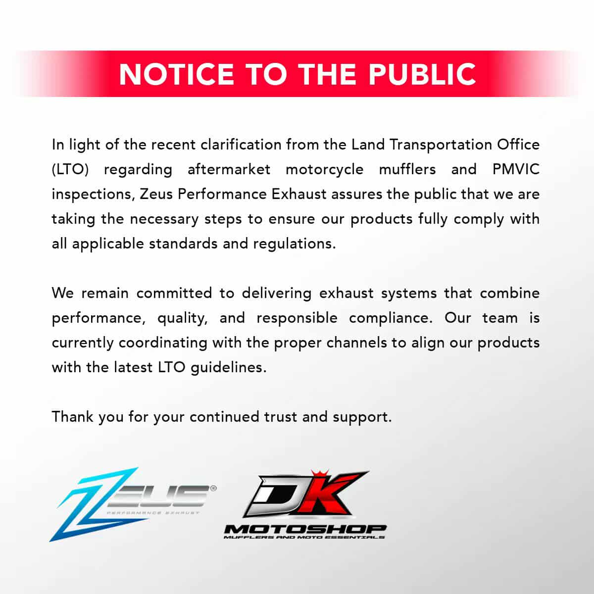 NOTICE TO THE PUBLIC 🚨 Zeus Performance Exhaust, in coordination