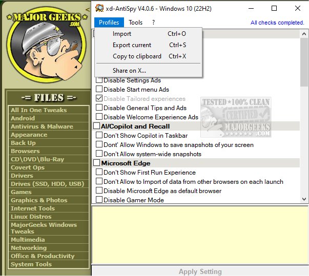 MajorGeeks - New! xd-AntiSpy, the relaunch of the popular debloating ...