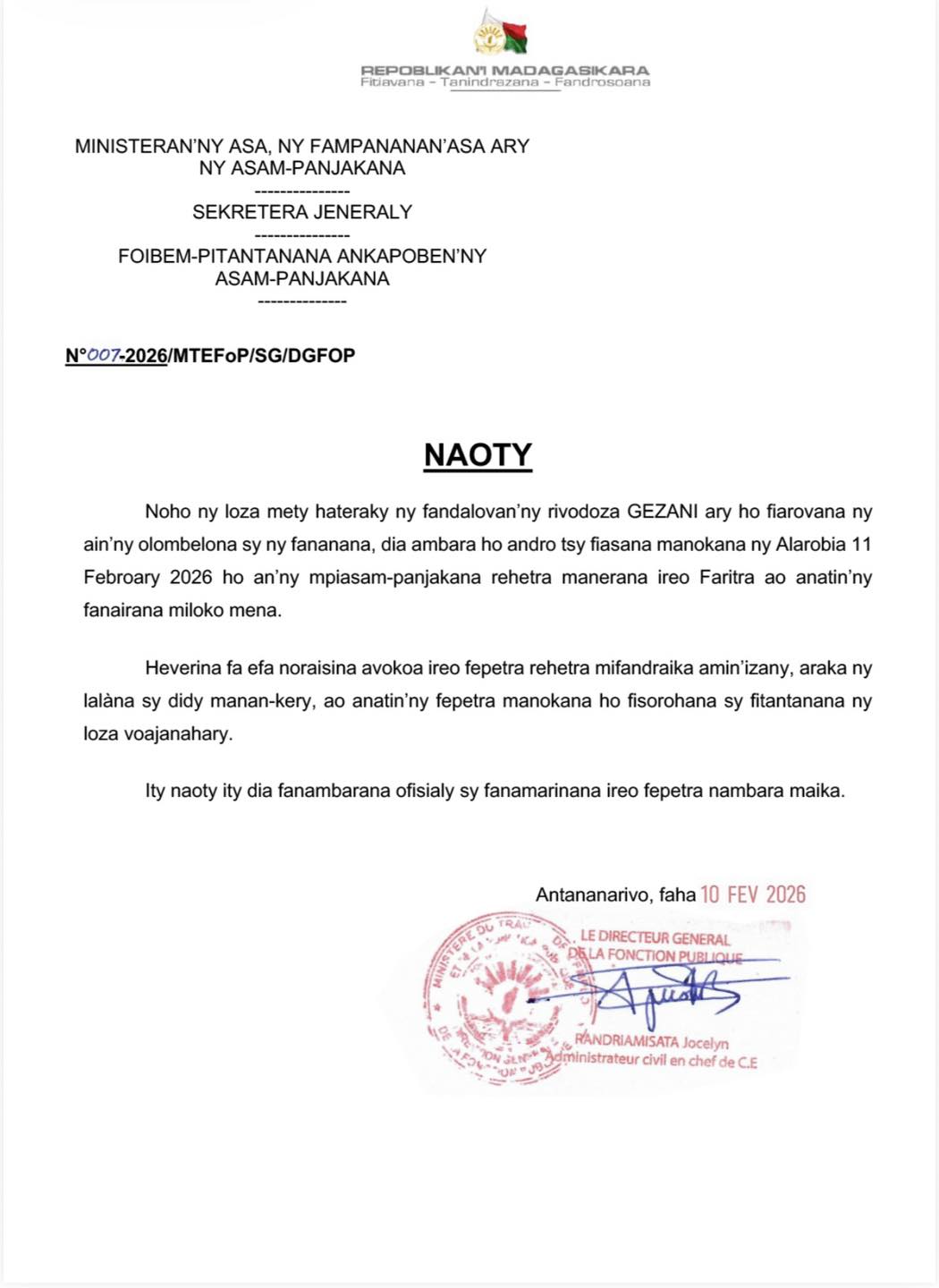 Ministeran'ny Asa ny Fampananan'asa ary ny Asam-panjakana added a new ...