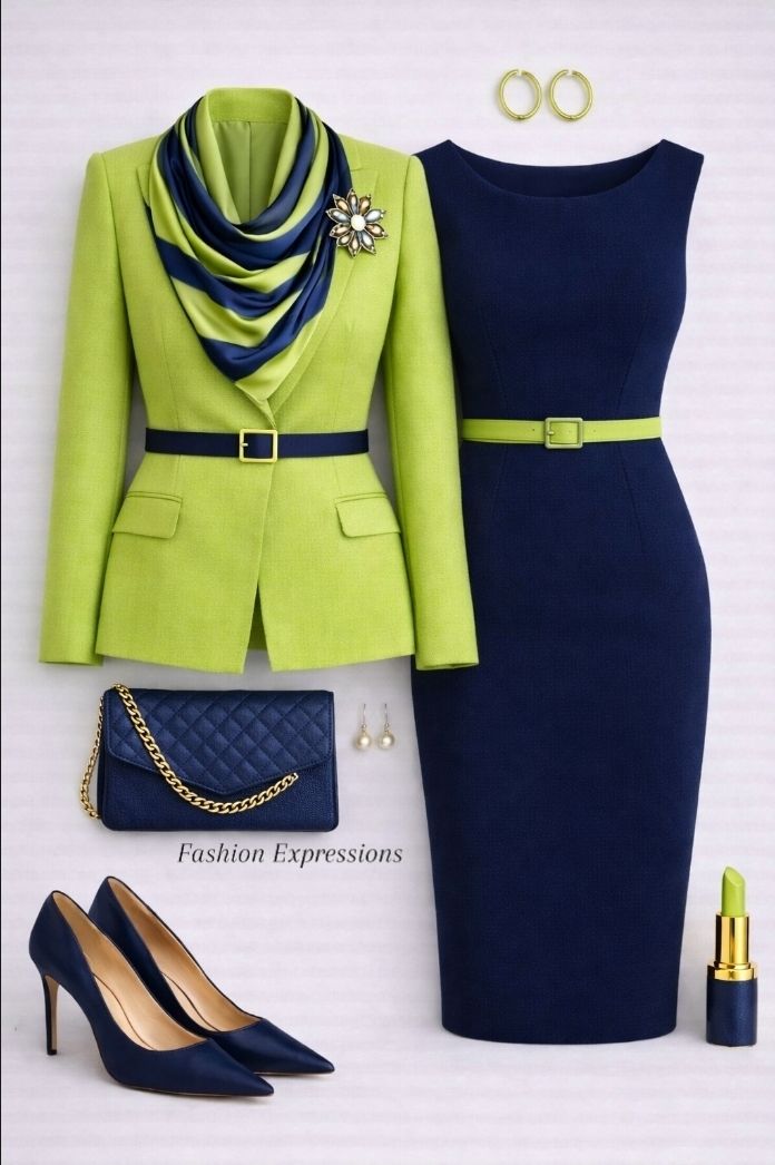 Atelier color edit — 4 polished looks in lime + cobalt + navy + golden yellow: Floral lime layer with striped top and dark denim; cobalt tunic with sleek black layers; navy