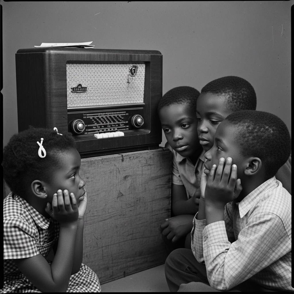 Nine children listen to a primitive radio via earphones during a