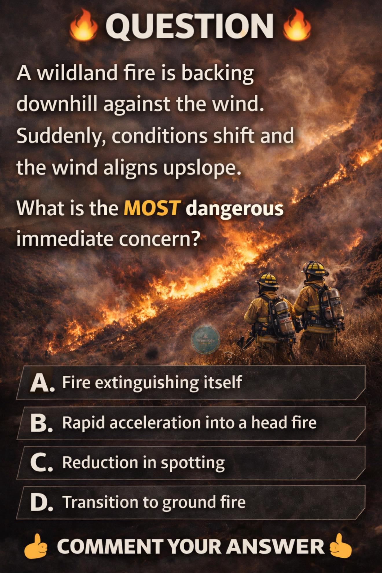 firenuzzle - 🔥 QUESTION A wildland fire is backing downhill against the ...