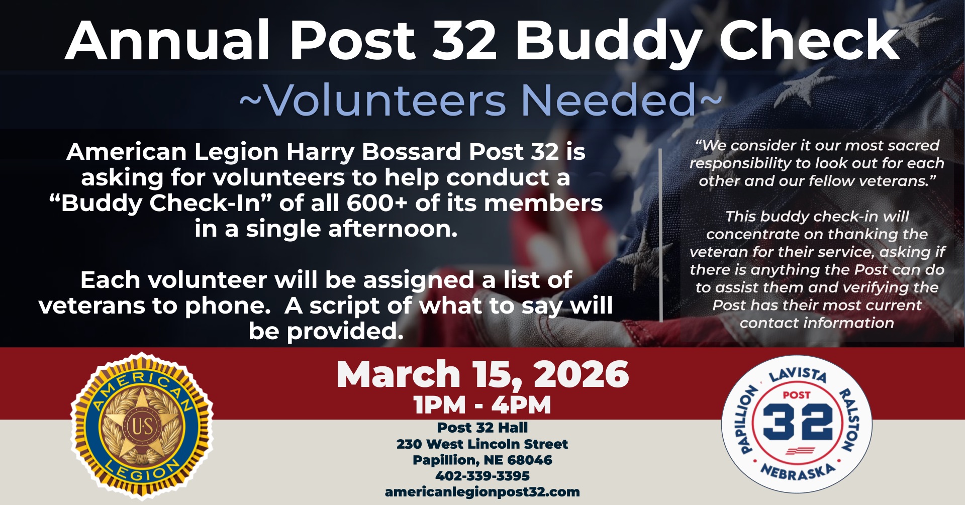 Post 32 Buddy Check- Volunteers Needed!