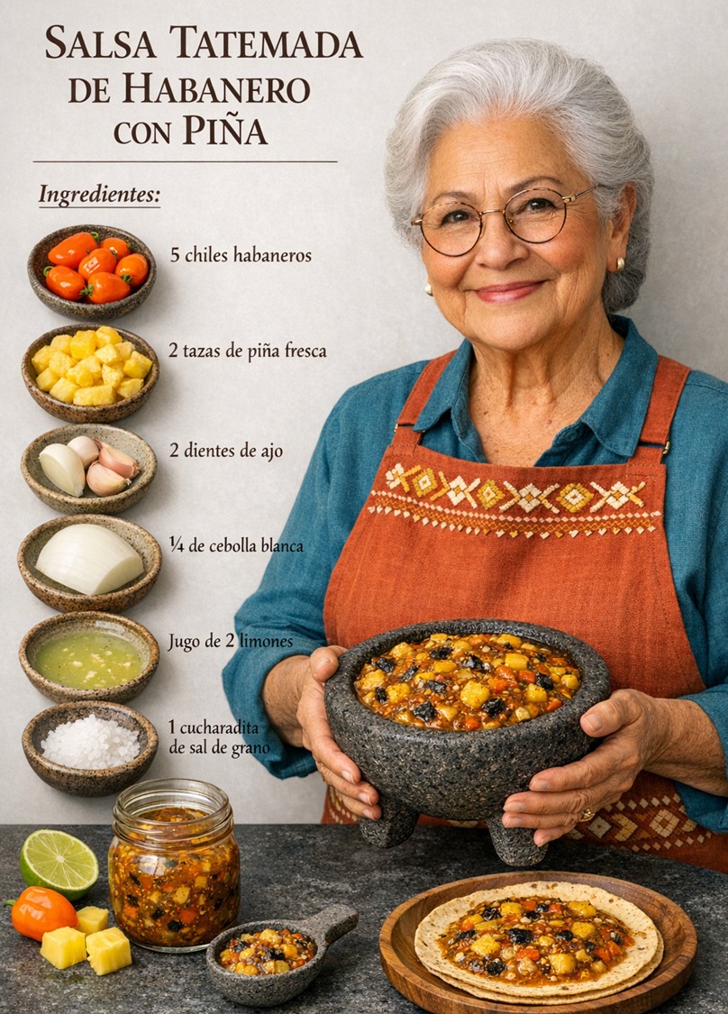 Recetas - SALSA TATEMADA DE HABANERO CON PIÑA 😋 Ingredientes: 5 chiles ...