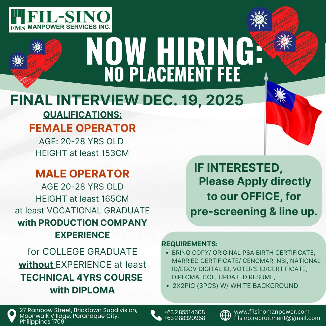 WE ARE HIRING!!! MALE &... - Fil-Sino Manpower Services Inc. | Facebook