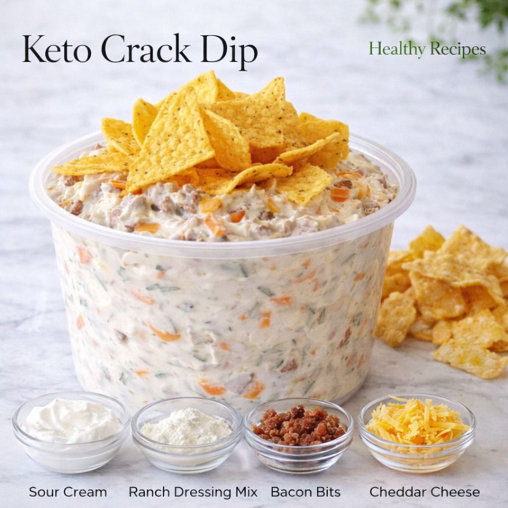 Keto Crack Dip Ingredients: ✓ 16 oz sour cream ✓ 1 oz packet ranch dressing mix ✓ 3 oz bacon bits (from the packet, not the plastic jar) ✓ 1 cup shredded