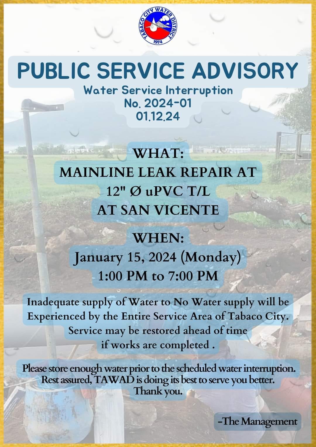Water Service Interruption... - One Radio 91.3 News FM