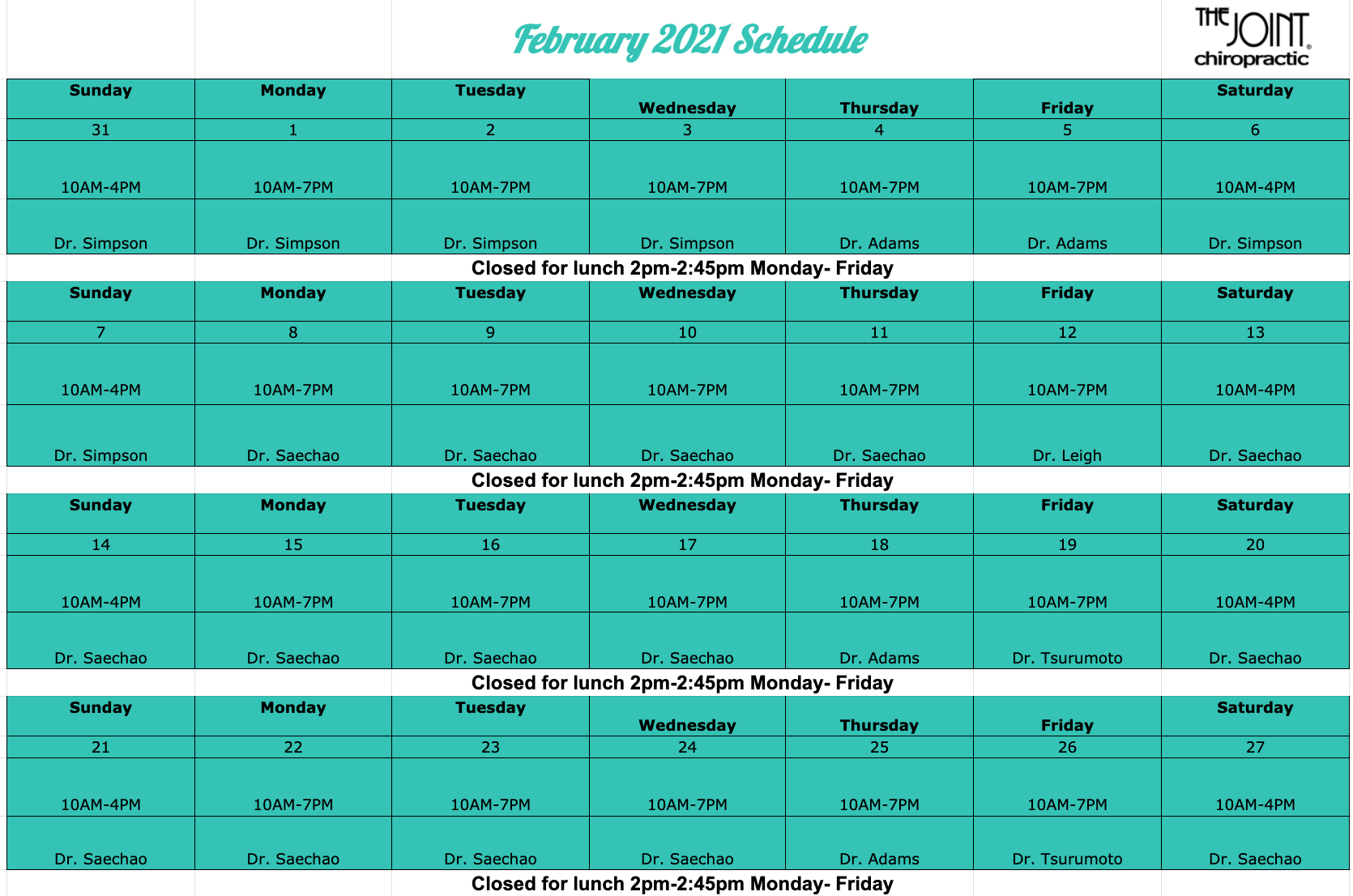 Check out our schedule in... - The Joint Chiropractic | Facebook