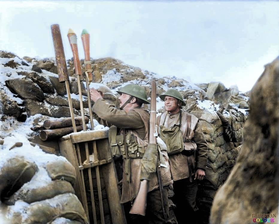 WW1 - 9 January 1918 A Royal Artillery signal rocket rack in a trench ...