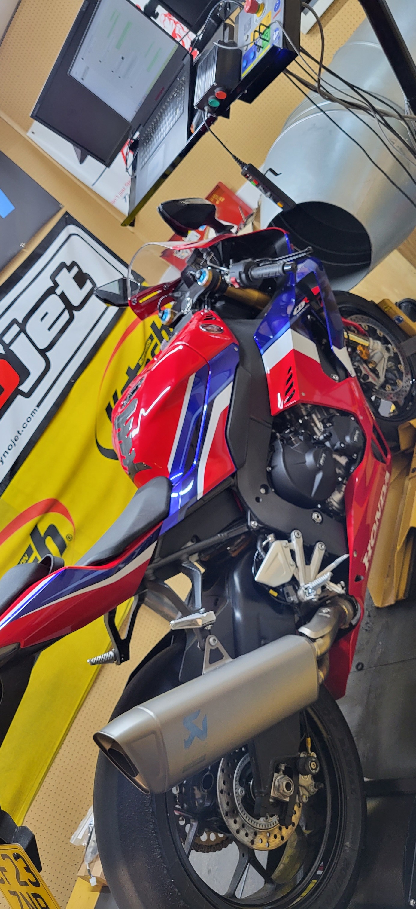 Custom steering damper installation on CBR1000RR motorcycle