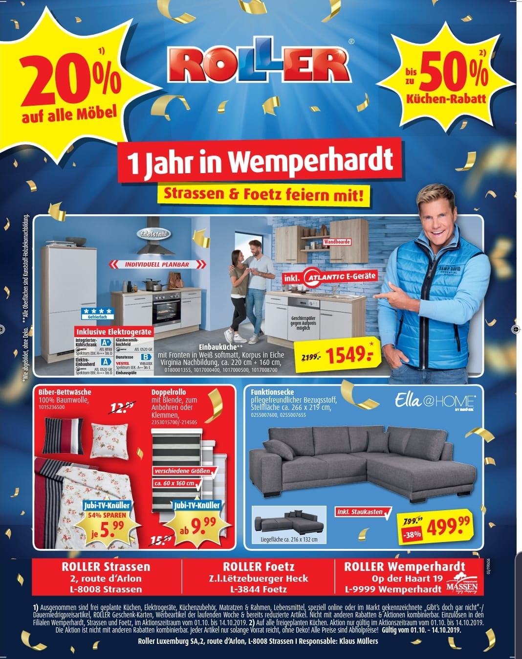 Roller Wemperhardt feiert Geburtstag und Strassen und Foetz feiern mit. 20% auf alle Möbel 1) gültig vom 01.10.-14.10.2019. *************************************** 1) Ausgenommen sind frei geplante
