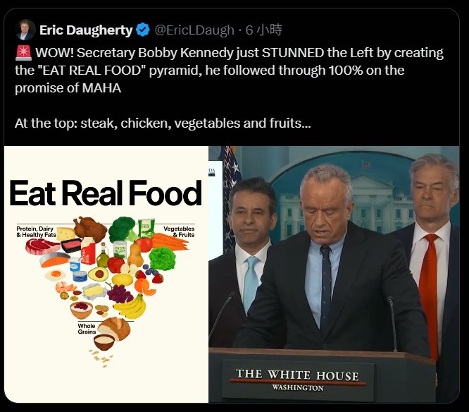Richard - RFK， 真的超級屌，一下子，把我們長時間以來，幾十年所熟知的食物金字塔大改。而且應該是正確的。 https://x ...