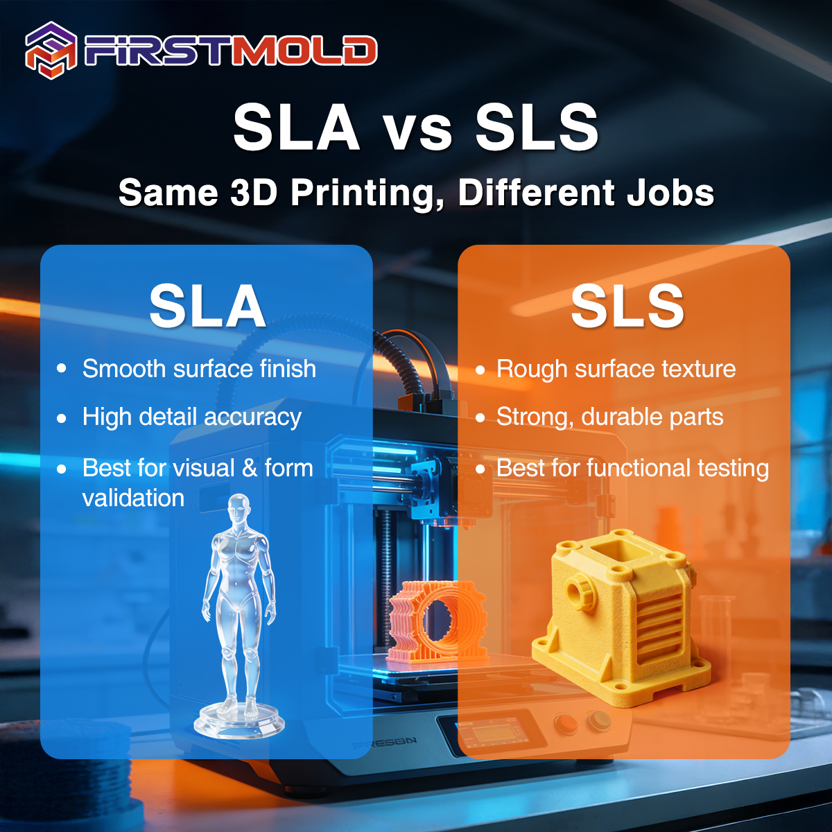 SLA vs SLS? Both are 3D... - First Mold Manufacturing | Facebook