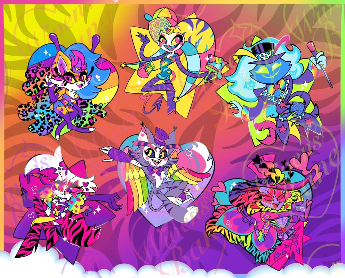 Lisa Frank x Hellaverse crossover pins by Wivensbane