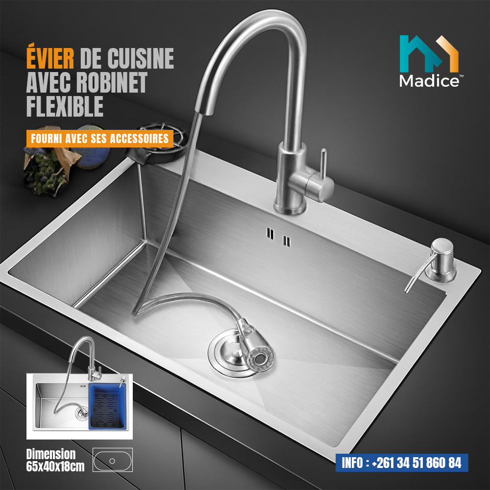 Madice - Evier de cuisine moderne en inox avec un robinet flexible. 📏 ...