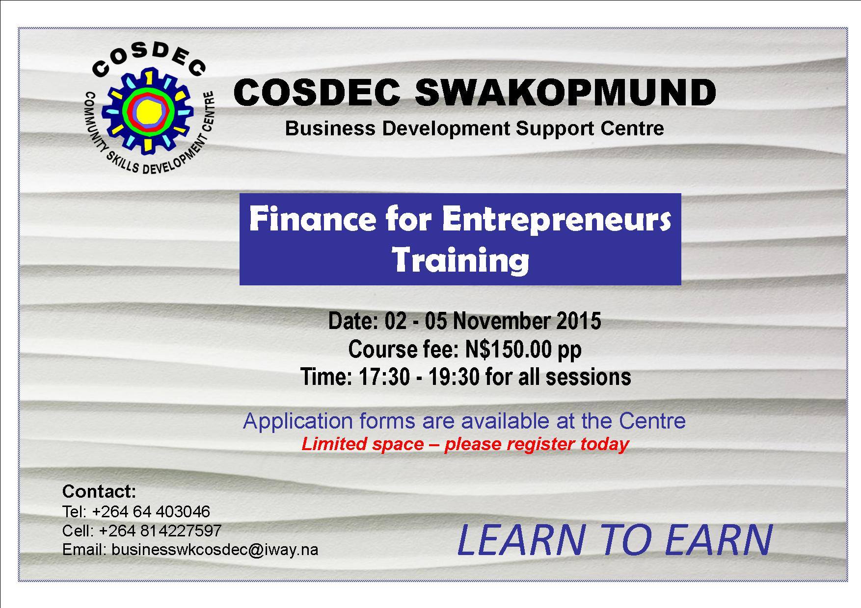 Cosdec Swakopmund - Dear SMEs Our next training will be on Finance for ...