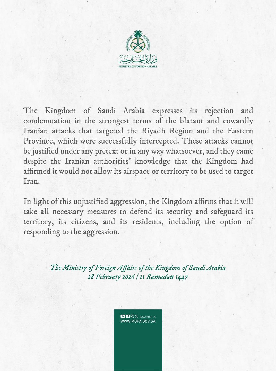 Official statement of KSA MOFA on... - The RIYADHizen by TPT | Facebook