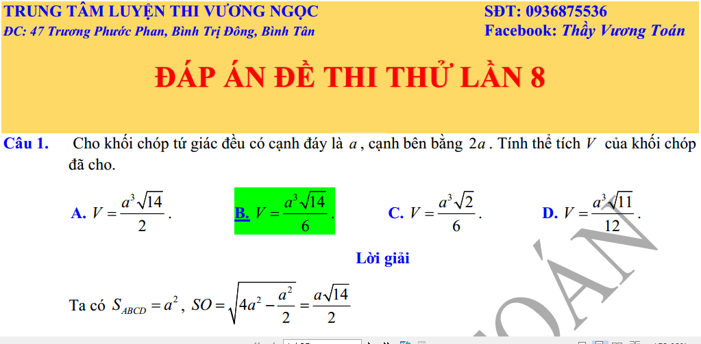 VMath - Luyện thi Toán từ lớp 6 đến 12 - ĐÁP ÁN ĐỀ THI THỬ - ĐỀ 8 Vậy ...