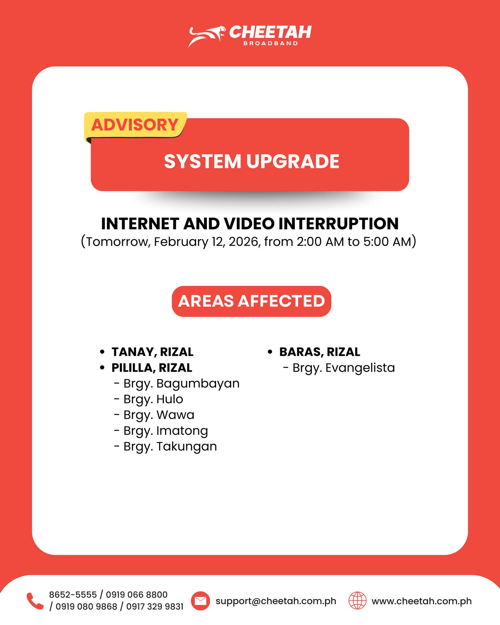 CheetahBroadband - 📢 Service Advisory: System Upgrade Cheetah Broadband ...