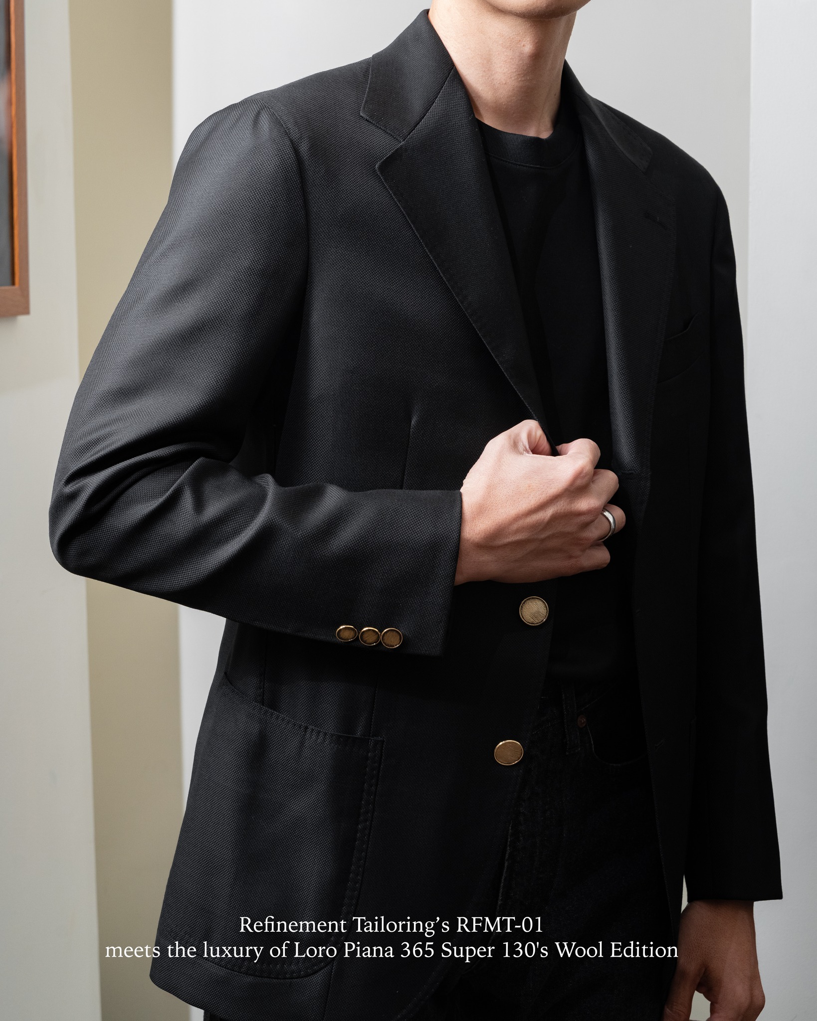 The charm of RFMT-01 featuring Loro Piana Black Hopsack Wool, our