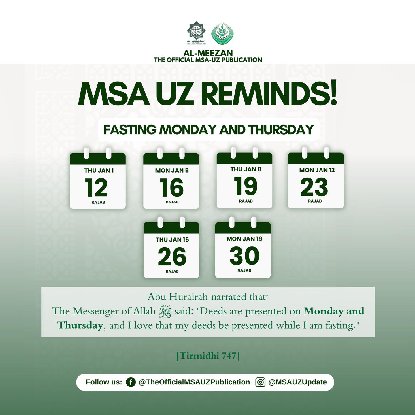 Al-Meezan - 🔔 𝐑𝐄𝐌𝐈𝐍𝐃𝐄𝐑: 𝐌𝐎𝐍𝐃𝐀𝐘 & 𝐓𝐇𝐔𝐑𝐒𝐃𝐀𝐘 𝐅𝐀𝐒𝐓𝐈𝐍𝐆 As we enter the month ...