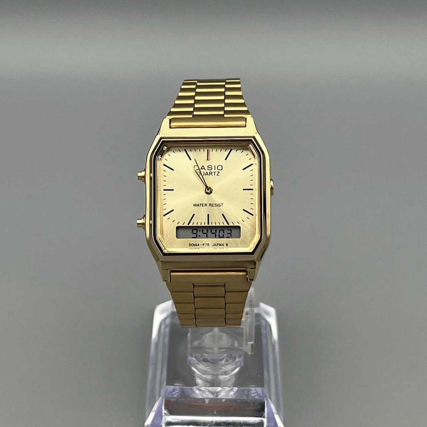 men's aq230ga-9d gold metal quartz dress watch Add to your wrist this September, Casio Men`s Stainless Steel Band Movement Model-AQ230GA-9D casio aq230 gold